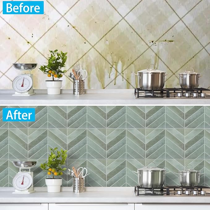 Peel and Stick Backsplash for Kitchen,New Upgrade Herringbone Premium Kitchen Backsplash,Stick on Subway Tile Peel and Stick Backsplash,Green 10-Sheet.