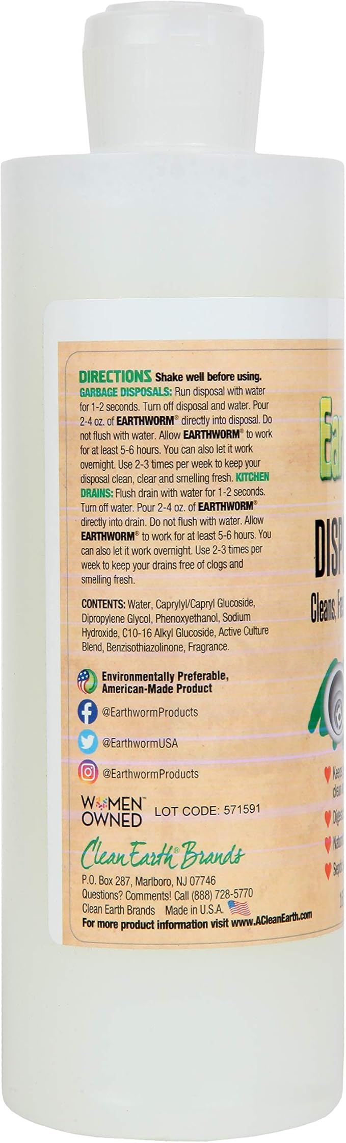 Earthworm Garbage Disposal Cleaner and Odor Eliminator/Disposal Care Removes Buildup, Cleans, and Freshens your Kitchen Sink - 16 Oz, Fresh Lemon Scent, Septic Safe