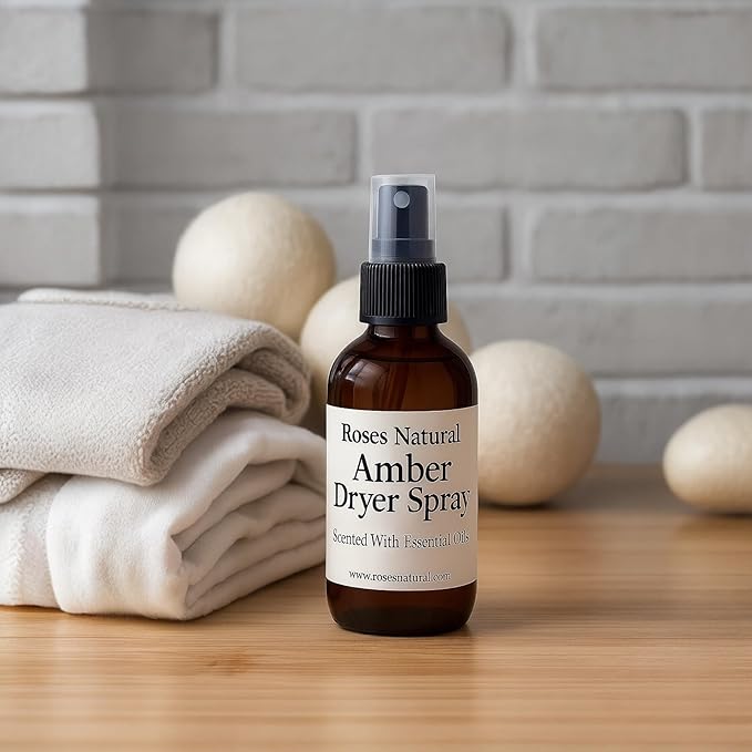 Natural Dryer Ball Spray, 4 oz, Patchouli, Lavender,Essential Oil Laundry Refresher, Fabric Freshener for Clothes, Linens & Wool, Anti-Static & Odor Neutralizer, Made in the USA (Amber Brown)