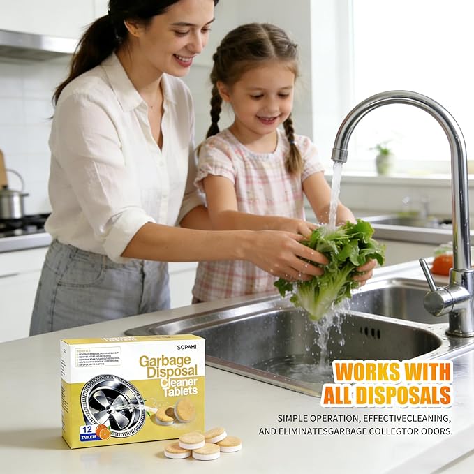 SOPAMI Garbage Disposal Cleaner Deodorizer Tablets 12 Pack Powerful XL Foaming Tablets with Fresh Citrus Scent, Natural Formula Cleans Sink Grind Chamber & Drainpipe, Dishwasher Cleaner Compatible
