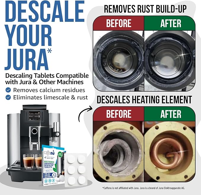 Caffenu Descaling Tablets Pack of 6. Coffee Machine Descaler Tablets. Compatible with Jura, Mellita, Siemens, Phillips and Saeco. Remove Limescale & Build-up. Complete the Barista Kit