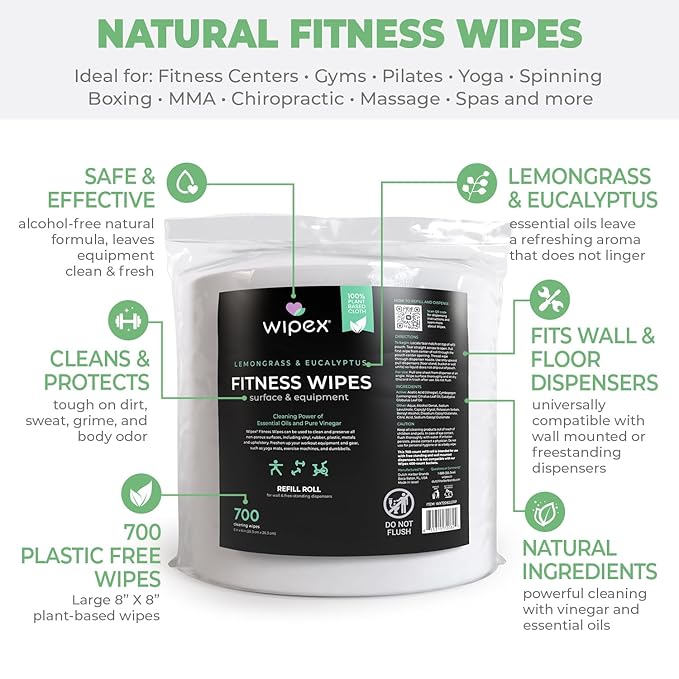 Wipex Plant Based Gym Wipes Dispenser Refill - EWG Verified - 1400 Count 8"x8" Fitness Equipment Wipes with Cleaning Vinegar, Lemongrass & Eucalyptus, Quality Gym Wipes for Equipment & Surfaces