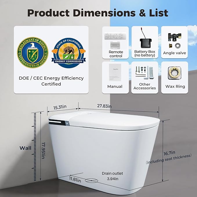 Smart Toilet with Bidet Built In & Foam Shield, Supports Cleaning Tablets, Auto Open/Close, Built-in Tank, Foot Sensor Flush, Heated Seat, Warm Dryer, One Piece Elongated Toilet (ZYC8A)