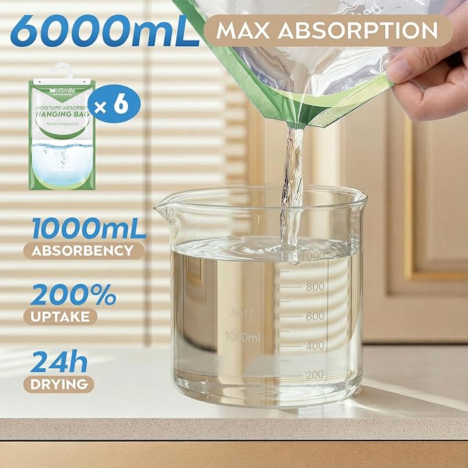 Hanging Moisture Absorbers 6 Pack Net Wt. 17.5oz/Pack, Fresh Fragrance Closet Dehumidifier Bags, Odor Eliminator & Humidity Absorber, Humidity Packs for Bathroom, Bedroom, Basement, Car, RV & Boat