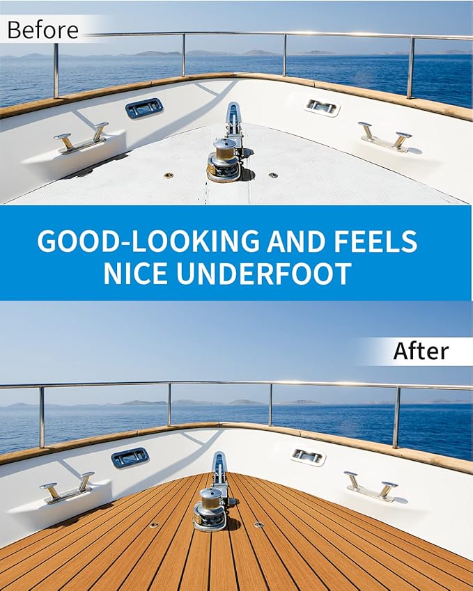 OCEANBROAD EVA Foam Boat Flooring with 3M Adhesive Backing Marine Self-Adhesive Decking 96''x45.6''/36''/28.8''/16.8'', 48''x16.8'' Faux Teak Sheet for Jon Boats Swim Platform Helm Pad RV Floor