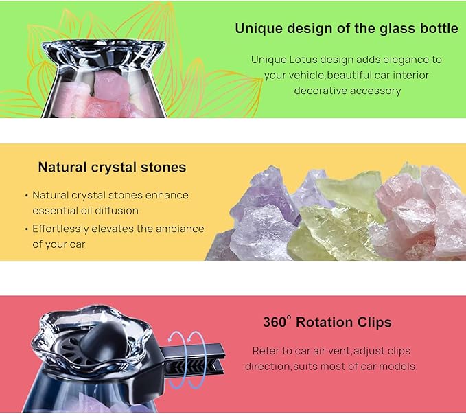 Car Diffuser Glass Bottles with Crystals Natural Stone for Spreading Essential Oils,Blue Lotus Design Glass jar as air freshener Vent Clip,car Vent Decor Accessories Pack of 2 (Purple + Purple)