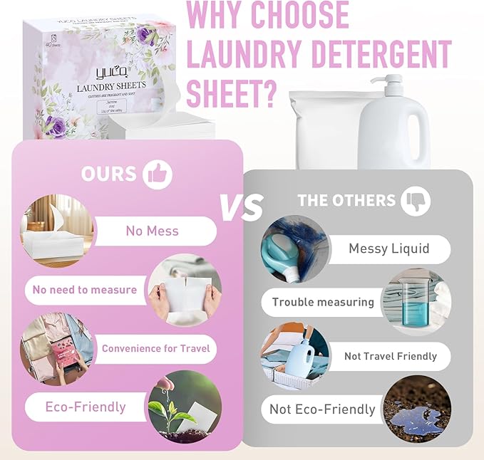 YUCO Travel Laundry Detergent Sheets 80 Loads Liquidless Detergent Sheets for Travel No Mess No Plastic Jug Concentrated Laundry Sheet Hypoallergenic Jasmine And Lily of the Valley Scent