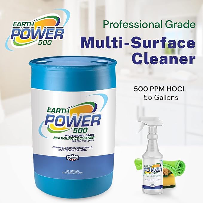 Earth Power Hypochlorous Acid 500 PPM Multipurpose Cleaner – Natural & Non-Toxic – Tile, Refrigerator, Shower, Countertop & Floor Cleaner – Family, Food & Pet Safe Cleaning Supplies – 50 Gallon