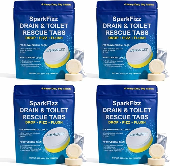 Toilet & Drain Cleaning Tablets – Powerful Foaming Cleaner – Removes Odor & Buildup – Septic Safe – 4/16 Count (4)
