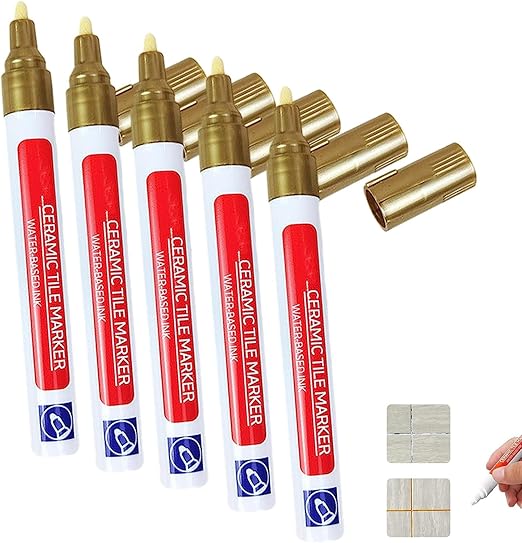 Waterproof Floor Ceramic Tile Marker,Grout Pen White Tile Paint Marker,No Faded for Home Ceramic Tile Marker Off-White,Restore Grout Lines Paint in Bathrooms & Kitchens (Gold*5pcs)