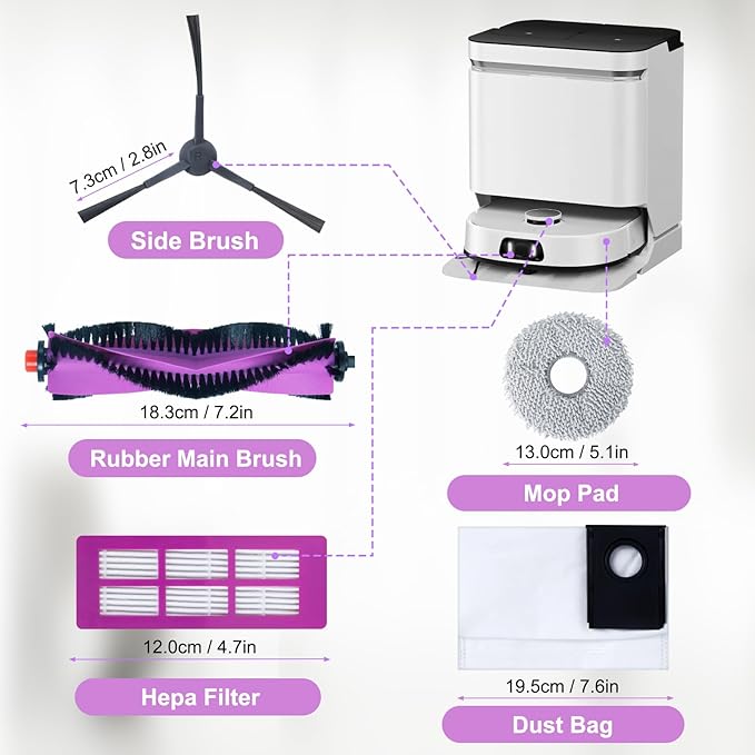 Accessories Kit for Eureka J15 Pro Ultra Robot Vacuum Cleaner Replacement Parts. 1 Main Roller Brush, 4 Hepa Filters, 4 Mop Pads, 4 Side Brushes, 4 Dust Bags, 1 Brush