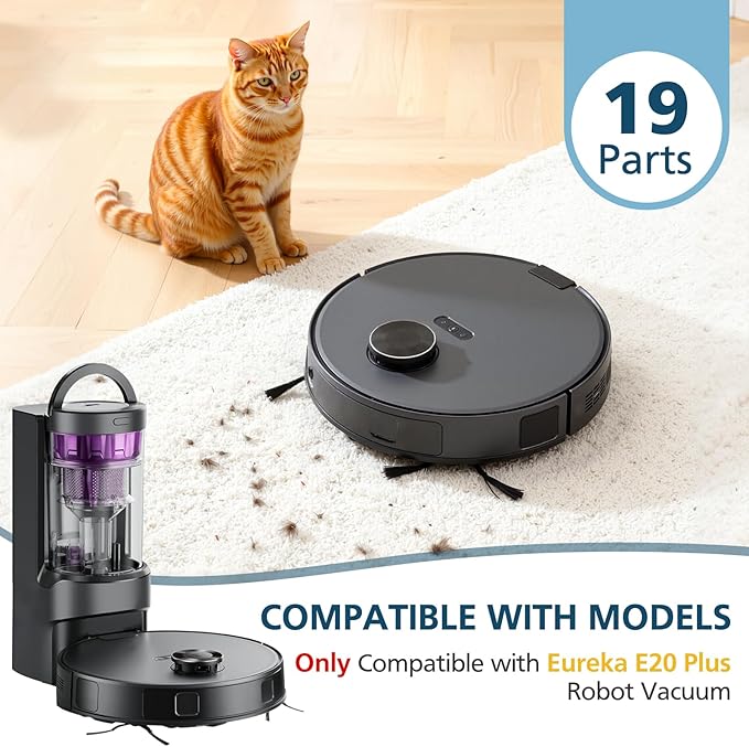 19 Packs Replacement Parts Only for Eureka E20 Plus Robot Vacuum Cleaner, 2 Main Roller Brushes, 4 HEPA Filters, 4 Mop Pads, 8 Side Brushes, 1 Cleaning Brush Accessories Kit