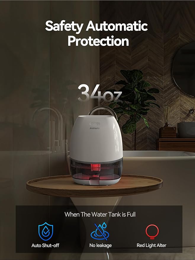 Dehumidifier, AlohaAir 34 OZ Small Dehumidifiers for Home and Room, Quiet with 7 Colors Night Light, Auto Shut Off, Dehumidifiers for Bedroom, Bathroom, RV, and Closet