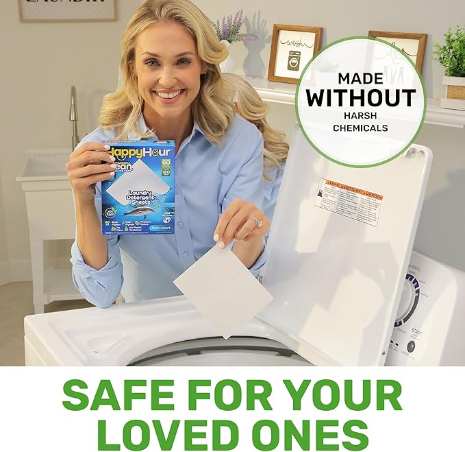 HAPPY HOUR Laundry Detergent Sheets 120 Loads Fresh Scent – Eco Friendly Biodegradable Laundry Soap Sheets, Non Toxic, Clothes Washing, Hot & Cold Water, Travel, Hypoallergenic for Sensitive Skin