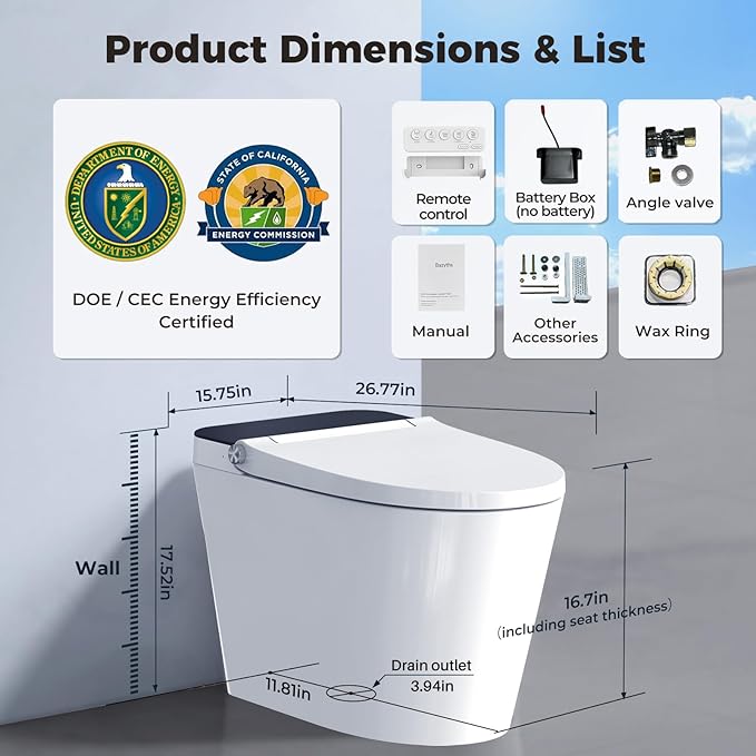 Smart Toilet with Bidet Built in Tank, Auto Open Close Lid, 12" Rough In, Heated Seat Foot Sensor, Rear & Feminine Wash Warm Water Air Dryer Self Cleaning, One-Piece Elongated (ZY695A)