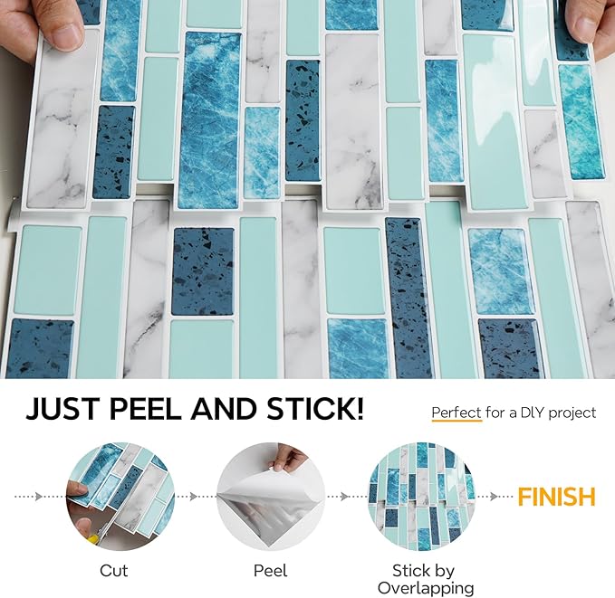 Vamos Tile 10 Sheets Peel and Stick Tile Backsplash, 12"x12" Light Color Stick on Wall Tiles, Self Adhesive Tile Sticker for Kitchen Backsplash and Bathroom(Blue Marble Look)