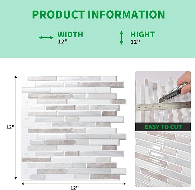 LONGKING 10 Sheet Marble Peel and Stick Backsplash for Kitchen,Self-Adhesive Tile Backsplash for Kitchen, Bathroom, 12in x 12in, (Beige & White)