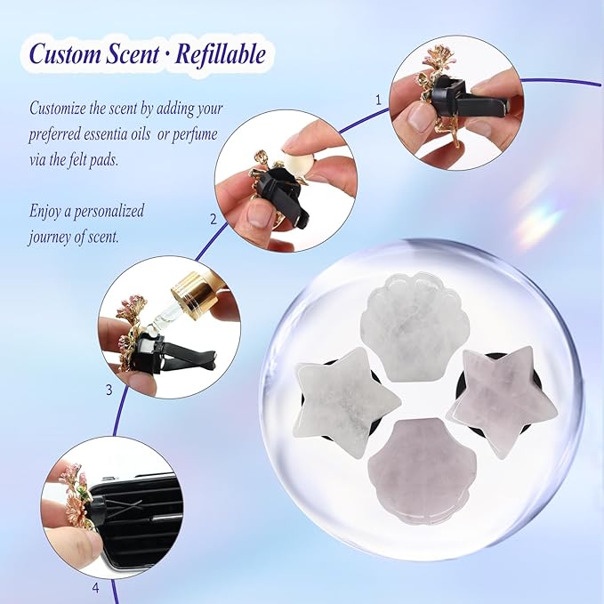 Boho Car Decor,4pcs Beach Car Air Freshener Vent Clips,Natural Crystal Stone Stars Seashell Hippie Decoations for Women,Best Wishes for Lover and Friend (white and pink)