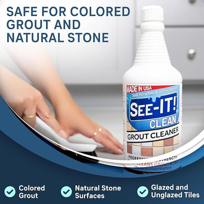 SEE-IT! Grout & Tile Deep Cleaner Brightener & Heavy-Duty Stain Remover Acid-Free Safe for Ceramic, Porcelain, Marble, Stone - Two 32 fl. oz. Bottles with Floor Cleaning Brush