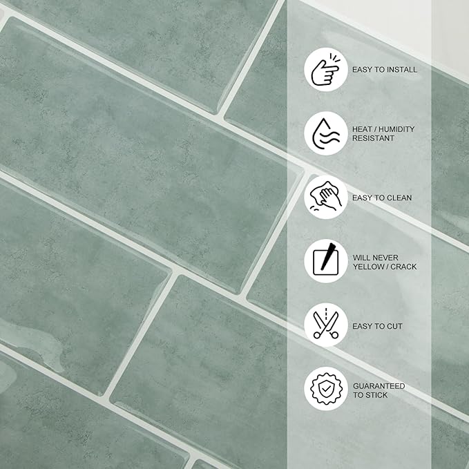 Subway Backsplash Tile Peel and Stick, Green Self Adhesive Tiles for Kitchen, 10 Sheets Stick on Backsplash for Kitchen and Bathroom(11.56x8.38)