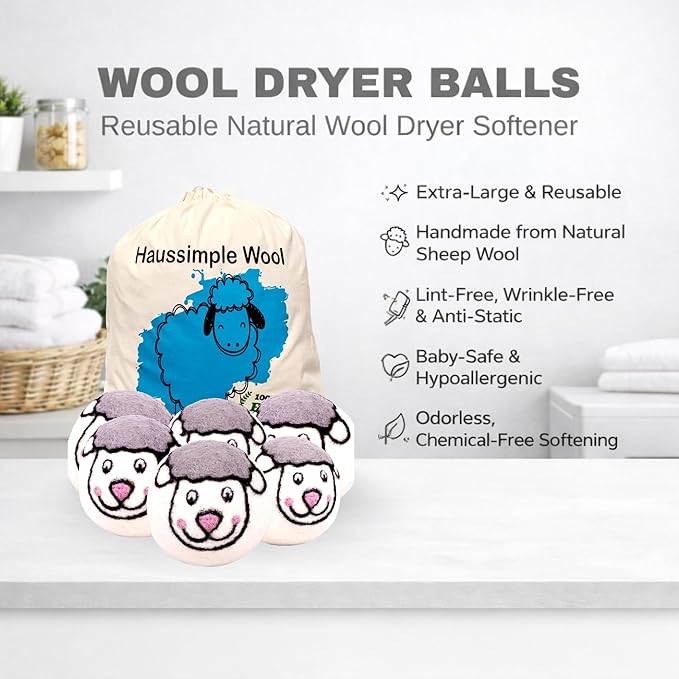 Wool Dryer Balls 6-Pack 100% Natural New Zealand Wool, Handmade in Nepal Reusable Laundry Balls, Faster Drying, Softer Clothes, Anti-Static, Dryer Sheets Alternative (Sheep)