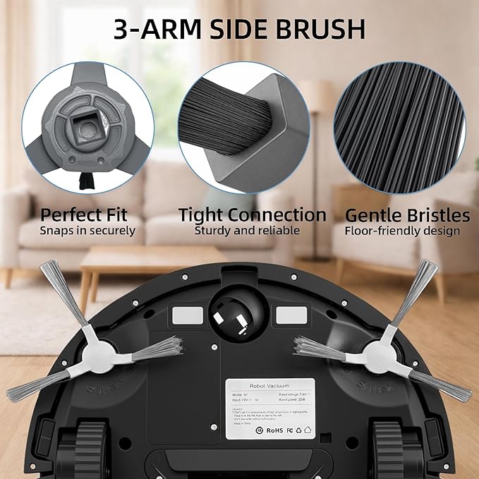 Accessories Kit for ROPVACNIC S1, for Tipdiy G90, for betboyles V75S, for VIPSUN Z1, for PrettyCare C2 Robot Vacuum Replacement Parts, 6 Side Brush, 3 HEPA Filter, 3 Mop Pad