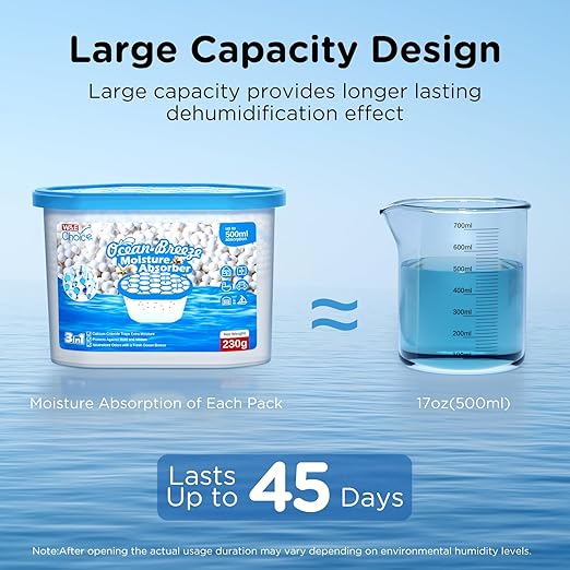 W&E Choice Moisture Absorbers with Ocean Breeze, Portable Dehumidifier for Closet & Bathrooms, Kitchen, Humidity Absorber Odor Eliminator Absorber 6 Pack