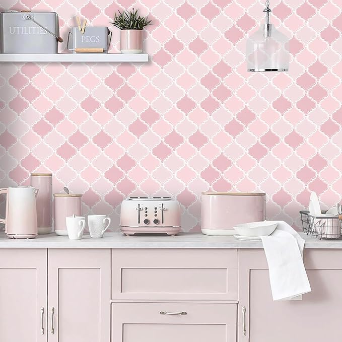 Pink Arabesque Tiles Peel and Stick Backsplash for Kitchen, WalDecoo 10-Sheet Stick on Tiles Kitchen Backsplash, Pink Peel and Stick Wall Tiles（12''×12''）