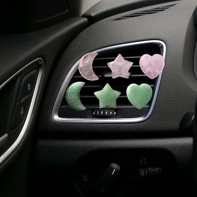 Set of 3 Crystal Stone Car Air Vent Clips, Moon Star Heart Quartz Charm Car Air Freshener Clip, Air Conditioning Outlet Clip, Cute Car Interior Decoration Accessories for Men Women (Pink, Unscented)