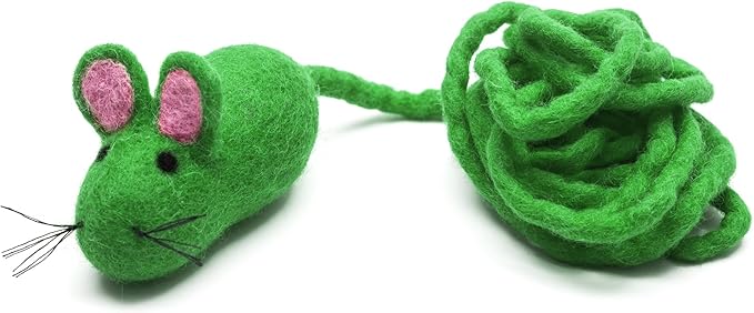 Glaciart One Felt Mouse Cat Toy – Soft Fuzzy Enrichment 100% Natural Wool - Interactive Catnip Play Cat Toy Set - Safe for Pets, Non-AZO Colored Dyes - 100” Long