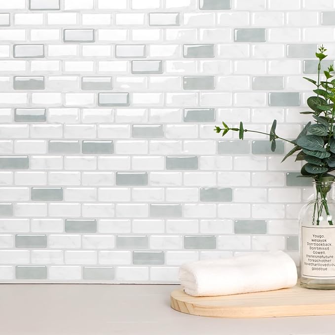 Peel and Stick Backsplash Tile, 10-Sheet Sage Green Self Adhesive Marble Tile, Stick on Backsplash for Kitchen and Bathroom, 12"x12" Wall Tiles with Marble Look