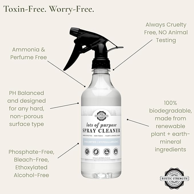 Rustic Strength Lots of Purpose Spray Cleaner, Unscented, Multi-Surface, pH Balanced, Non-Toxic, Biodegradable, 16 oz