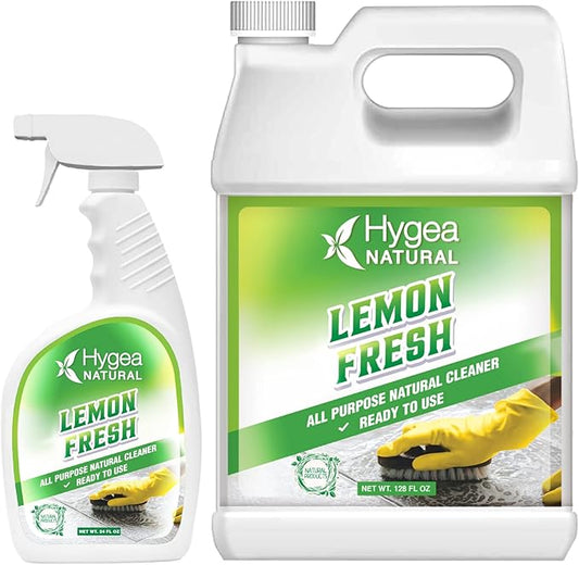 Hygea Natural Lemon Fresh All Purpose Cleaner - Multi-Surface Cleaner - Removes Soil, Dirt & Grease - Wet Gloss Finish - pH-Neutral & Ammonia Free (24oz Spray & 128oz Gallon)