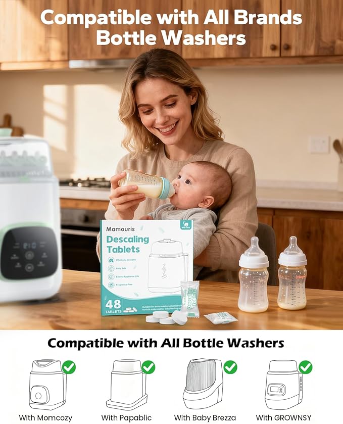 Baby Descaling Tablets: Ideal for BabyBrezza, Momcozy Baby Bottle Washer and ALL BRANDS of Baby Feeding Appliances, 48 Count Remove Milk & Limescale