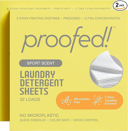Proofed! Laundry Detergent Sheets, 64 Count, Sport Scent, The Only 100% Plastic-Free Sheet, No PVA or PVOH, Hypoallergenic, Bio-Based Ingredients, Made in USA, 2 Boxes