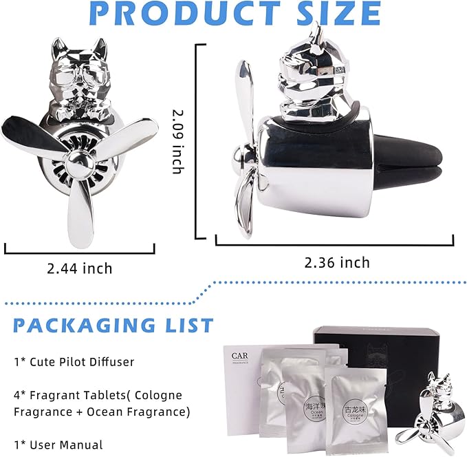 Car Air Freshener Cute Cartoon Bulldog Pilot Car Diffuser Rotating Propeller Automotive Air Outlet Fan Creative Funny Car Perfume Decoration Cool Car Accessories (Silver)
