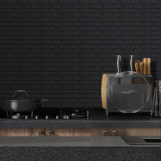 Matte Black Peel and Stick Subway Tiles for Kitchen, Thicker Design Stick on Tlies for Living Room, Large 10-Sheet Self-Adhesive Kitchen Backsplash (12''×12'')