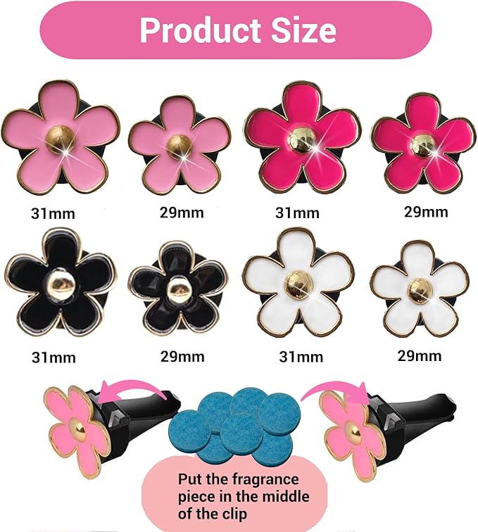 Daisy Flower Car Air Freshener Vent Clips, 8 Pcs Cute Car Accessories for Women Interior, Girly Decor Essentials, Truck Accessories, for Bathroom Office Pet Houses (Pink,White,Black,Red, 3.1cm, 2.9cm)