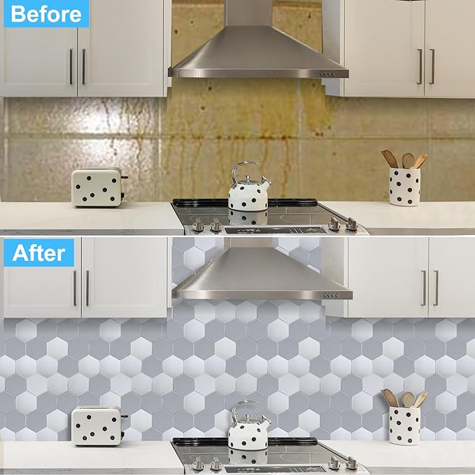 New Upgrade Premium Hexagon Peel and Stick Tile Backsplash，Matte Grey Waterproof Stick on Backsplash, Self-Adhesive Marble Tiles for Kitchen,Bathroom and Bedroom，10-Sheet.