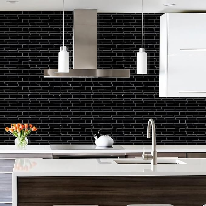Vamos Tile Black Peel and Stick Tile Backsplash, 12"x12" 10-Sheet Stick on Wall Tiles,Self Adhesive Tile Sticker for Kitchen Backsplash and Bathroom(Black)