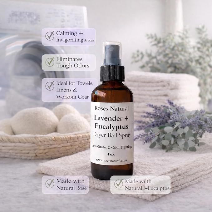 Natural Dryer Ball Spray, 4 oz, Patchouli, Lavender,Essential Oil Laundry Refresher, Fabric Freshener for Clothes, Linens & Wool, Anti-Static & Odor Neutralizer, Made in the USA (Lavender Eucalyptus)