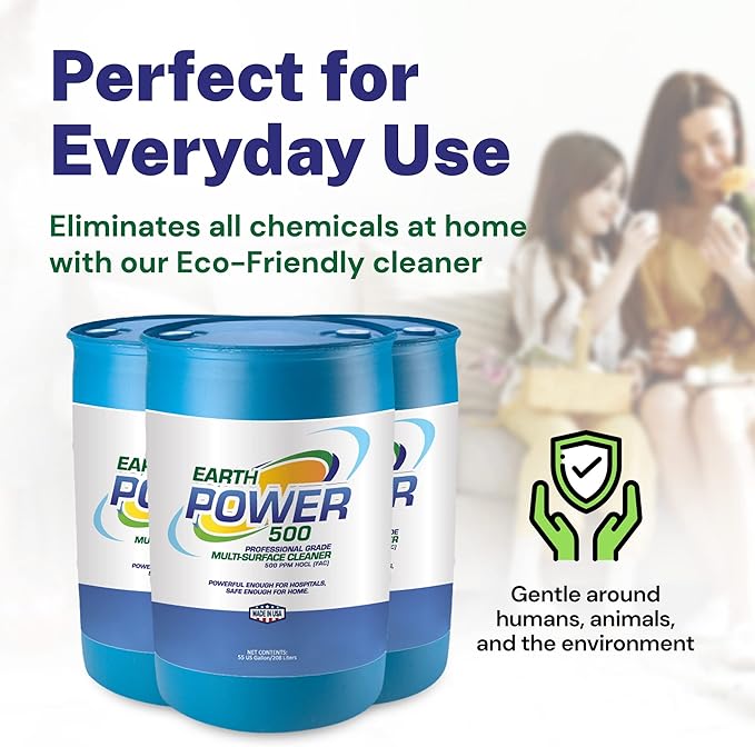 Earth Power Hypochlorous Acid 500 PPM Multipurpose Cleaner – Natural & Non-Toxic – Tile, Refrigerator, Shower, Countertop & Floor Cleaner – Family, Food & Pet Safe Cleaning Supplies – 50 Gallon
