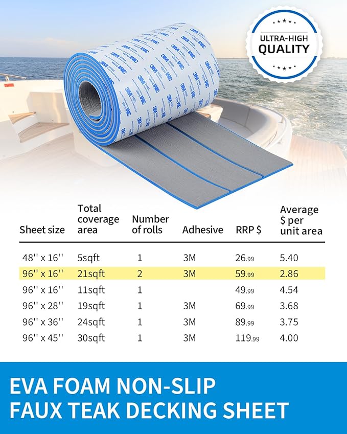 OCEANBROAD EVA Foam Boat Flooring with 3M Adhesive Backing Marine Self-Adhesive Decking 96''x45.6''/36''/28.8''/16.8'', 48''x16.8'' Faux Teak Sheet for Jon Boats Swim Platform Helm Pad RV Floor