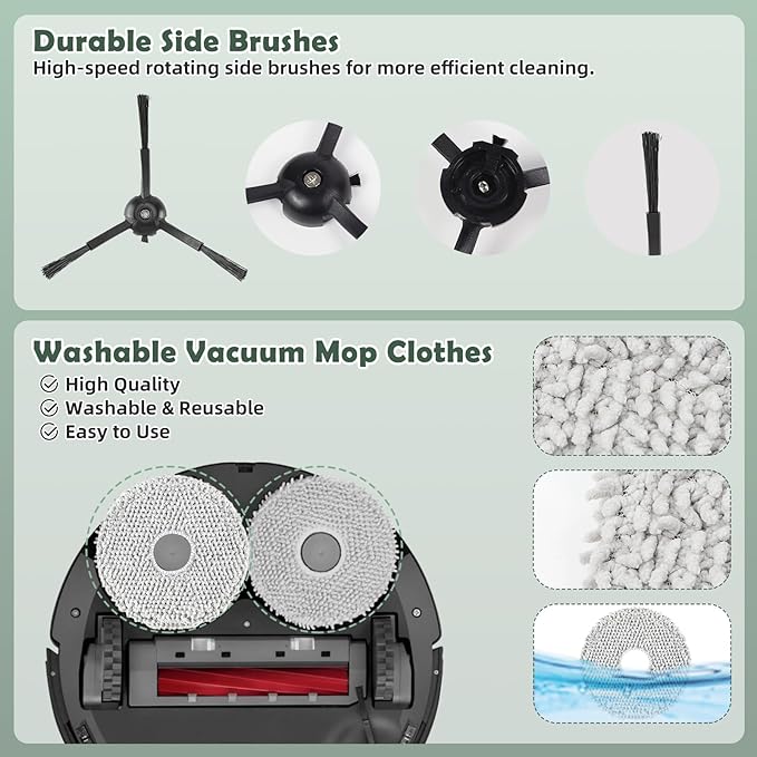 Accessories Kit Replacement for Roborock Q Revo/Qrevo 2R3W, QX Revo/QRT78 Robot Vacuum, 1 Main Brush, 4 Mop Pads, 4 HEPA Filters, 4 Black Side Brushes, 4 Dust Bags, 1 Cleaning Tool