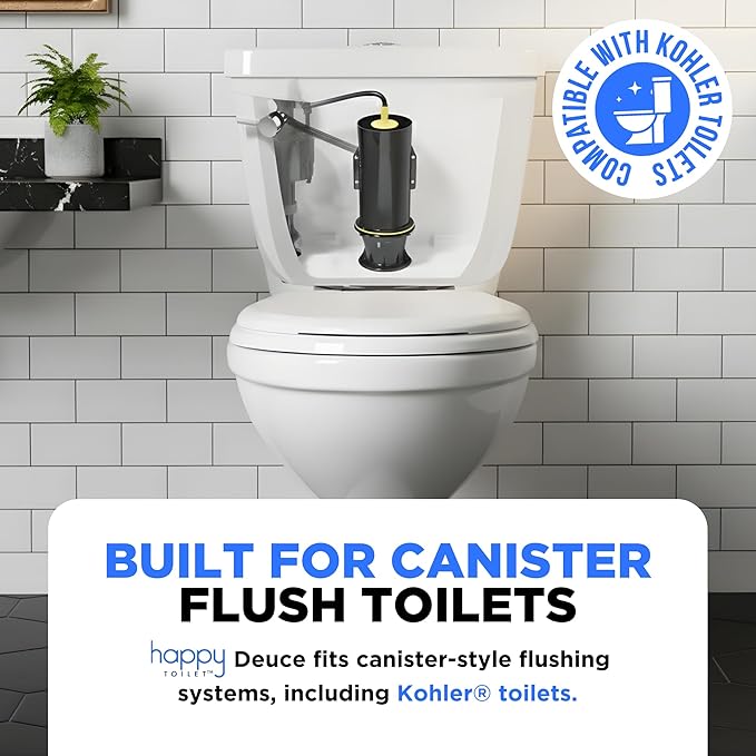 Happy Toilet Cleaner Deuce - Compatible with Kohler Toilets & Canister Flushing Systems - 2 Automatic Toilet Bowl Cleaner Toilet Tablet Holder & 12-Pack Ultra-Strength Cleaner Tablets
