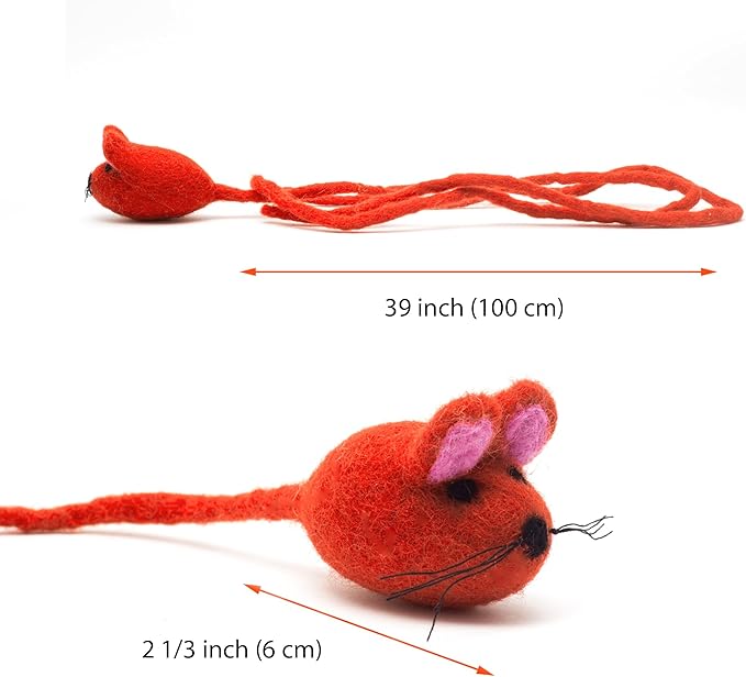 Glaciart One Felt Mouse Cat Toy – Soft Fuzzy Enrichment 100% Natural Wool - Interactive Catnip Play Cat Toy Set - Safe for Pets, Non-AZO Colored Dyes - 42” Long