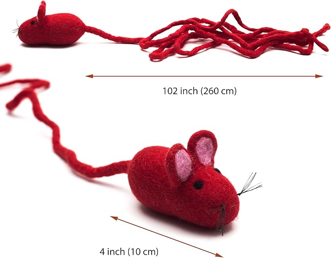 Glaciart One Felt Mouse Cat Toy – Soft Fuzzy Enrichment 100% Natural Wool - Interactive Catnip Play Cat Toy Set - Safe for Pets, Non-AZO Colored Dyes - 100” Long