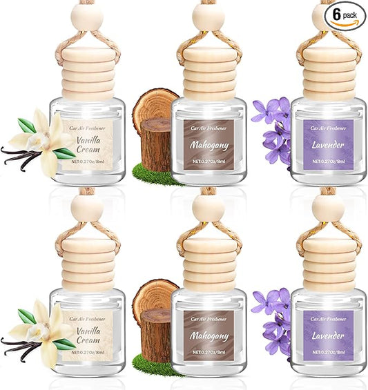 Car Air Freshener 6 Pack, Vanilla Cream,Mahogany & Lavender 3 Natural Scent, Long Lasting Essential Oil Fragrance Diffuser, Hanging Air Freshener Cute Car Accessories Interior for women