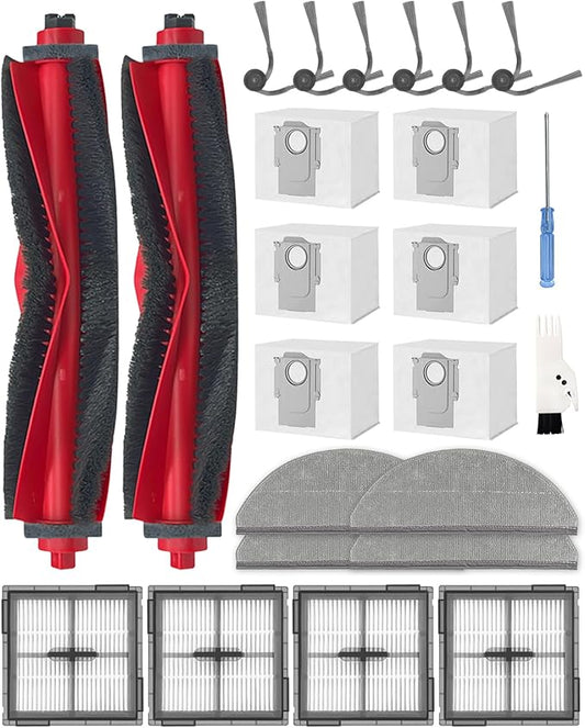 24 Pcs Accessories Kit for Roborock Q10 X5+/Q10 PF+ Robot Vacuum Cleaner, Replacement Parts with 2 Main Brush, 6 Side Brushes, 4 HEPA Filters, 6 Dust Bags, 4 Mop Pads, 1 Cleaning Brush
