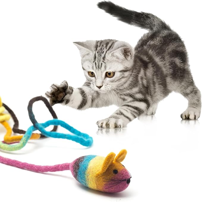 Glaciart One Felt Mouse Cat Toy – Soft Fuzzy Enrichment 100% Natural Wool - Interactive Catnip Play Cat Toy Set - Safe for Pets, Non-AZO Colored Dyes - 100” Long